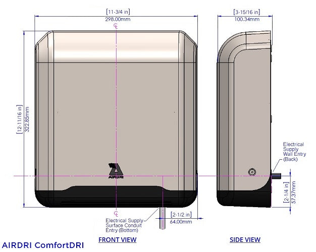 AirDri HDH-0315C5SSB Hand Dryer - Brushed Stainless Steel Surface Mounted Automatic Low Noise