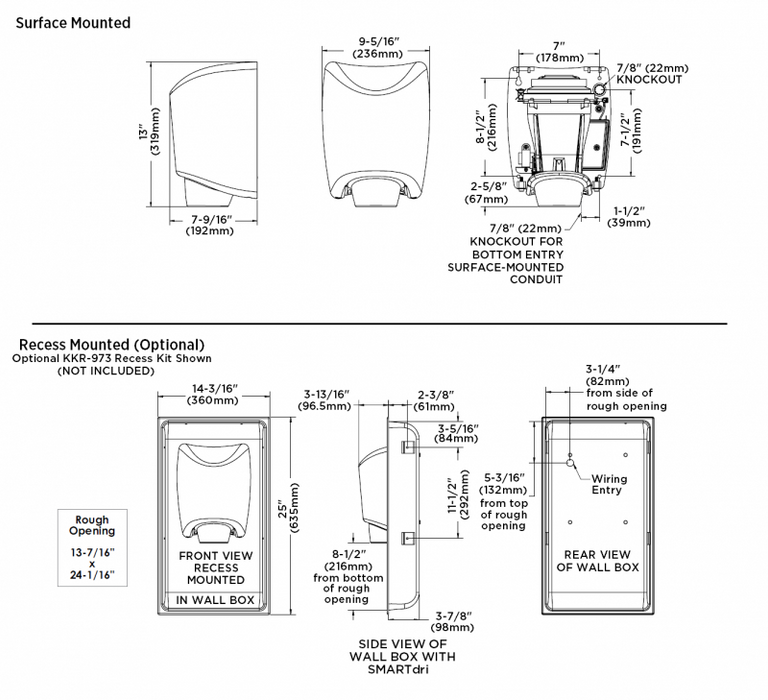 World Dryer K-973P2 Hand Dryer - Brushed Stainless Steel Surface Mounted Automatic SMARTdri Plus