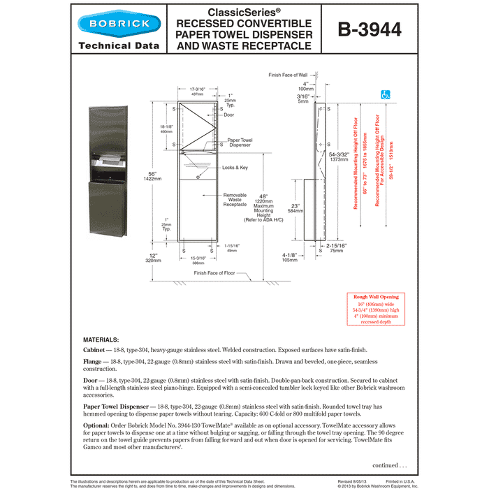 Bobrick B-3944  Classicseries Recessed Paper Towel Dispenser/Waste Receptacle