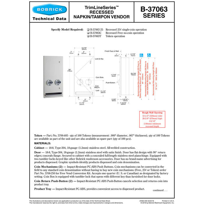 Bobrick B-37063C Trimlineseries Recessed Napkin / Tampon Vendor