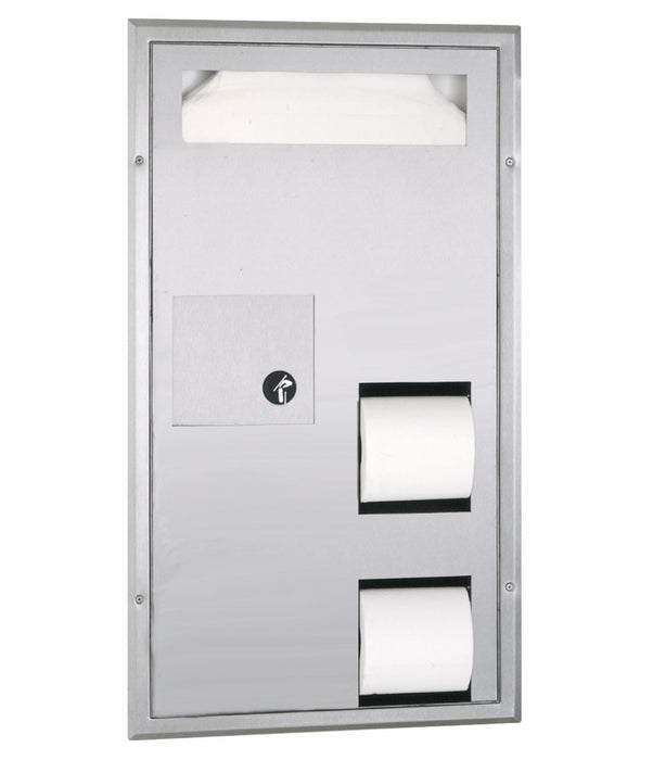 Bobrick B-35715  Classic Series Partition Mounted Seat Cover Dispenser, Sanitary Napkin Disposal, & Toilet Tissue Dispenser